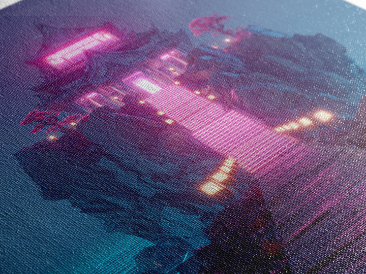 Neon Temple On Ocean Cliff Wall Art, Futuristic Fantasy Landscape Print, Surreal Zen Decor, Modern Home Decor Canvas Print