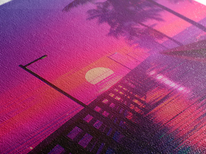 Neon Pier At Sunset With Palm Trees Wall Art, Vibrant Coastal Landscape Print, Retro Beach Home Decor Canvas Print
