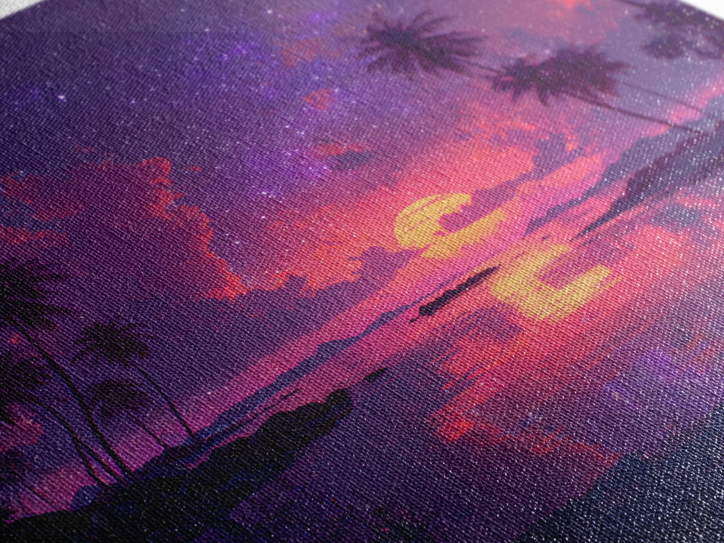 Starlit Tropical Lagoon Sunset Wall Art, Dreamy Pink Purple Coastal Landscape, Romantic Beach Canvas Print For Bedroom