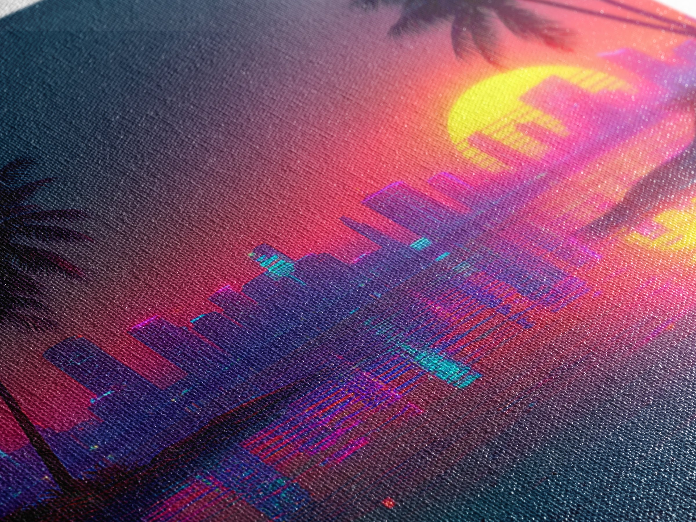 Retro Neon Beach Sunset City Skyline Wall Art Vaporwave Aesthetic Canvas Print Modern Coastal Wall Art Decor