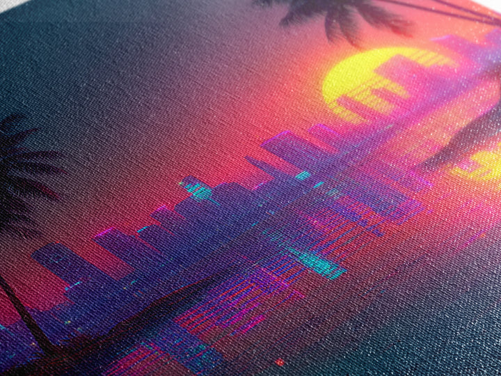Retro Neon Beach Sunset City Skyline Wall Art Vaporwave Aesthetic Canvas Print Modern Coastal Wall Art Decor