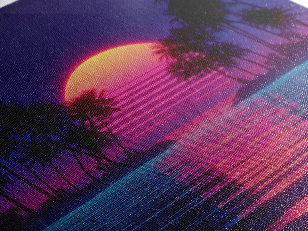 Retro Neon Island Sunset Wall Art, Synthwave Palm Tree Canvas Print, Vaporwave City Beach Decor, Futuristic Coastal Art