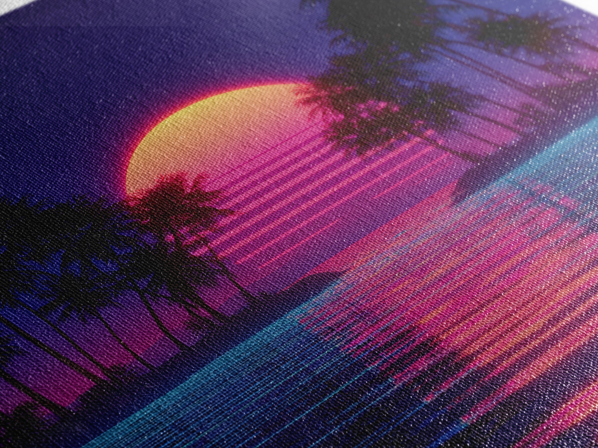 Retro Neon Island Sunset Wall Art, Synthwave Palm Tree Canvas Print, Vaporwave City Beach Decor, Futuristic Coastal Art