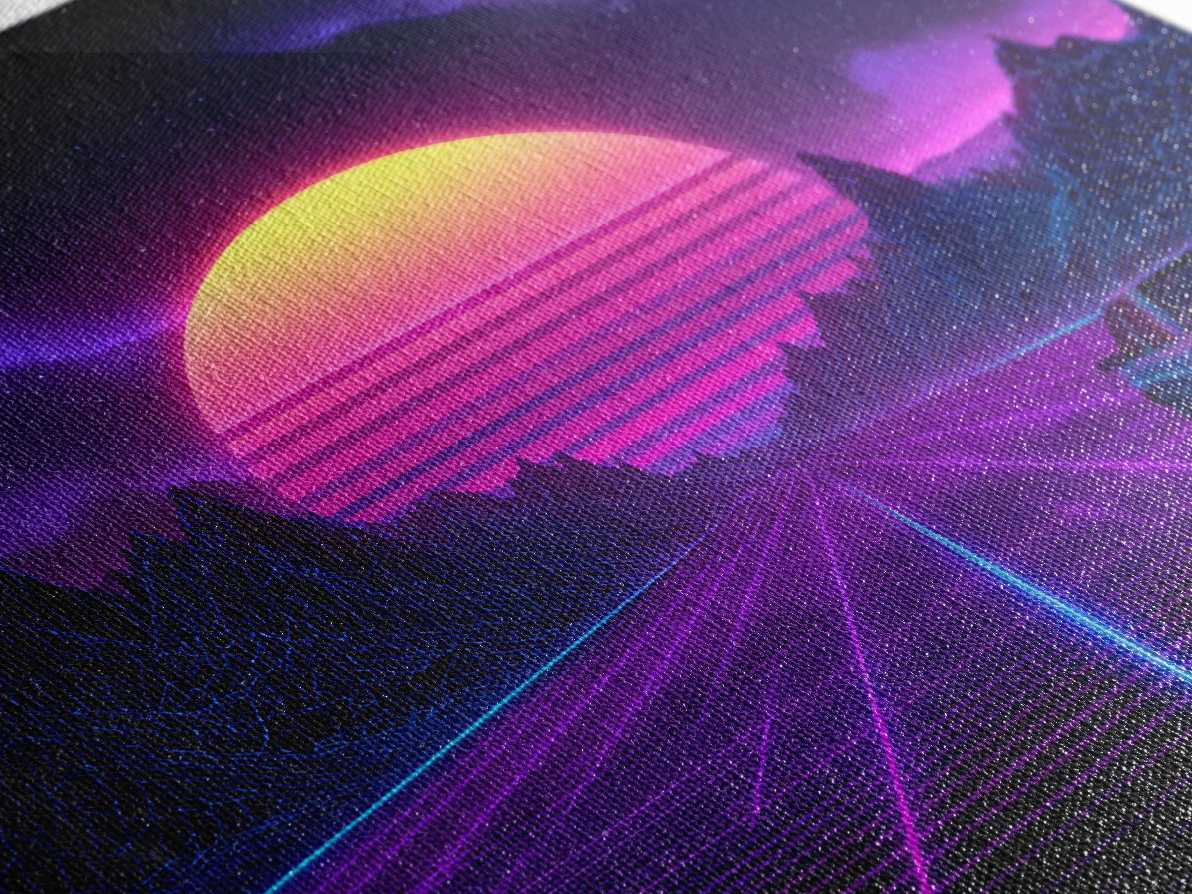 Neon Retro Highway Vaporwave Landscape Wall Art Canvas Print, Futuristic Sci Fi Gaming Room Decor Modern Abstract Art