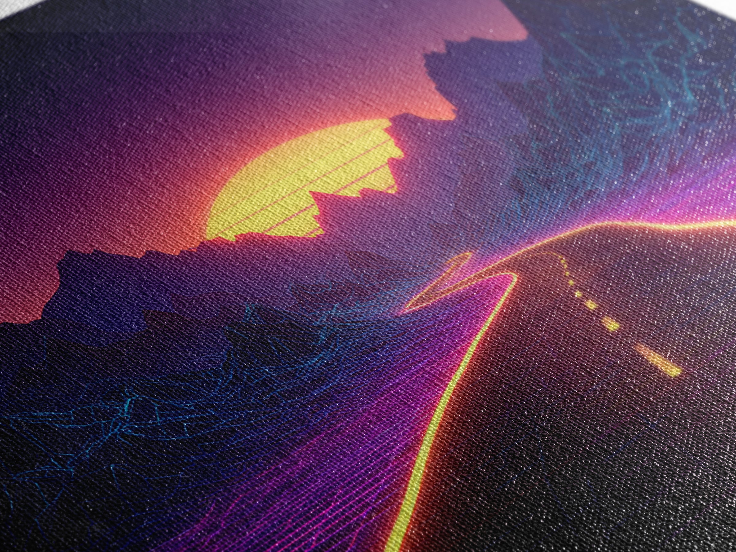 Retro Futuristic Neon Road Wall Art, Synthwave Landscape Poster, Gaming Room Decor, Vibrant 80s Style Canvas Print