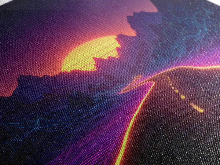 Retro Futuristic Neon Road Wall Art, Synthwave Landscape Poster, Gaming Room Decor, Vibrant 80s Style Canvas Print