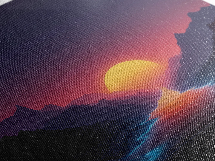 Retro Synthwave Sunset Over Neon River Wall Art, Futuristic 80s Vaporwave Landscape Canvas Print For Gaming Room