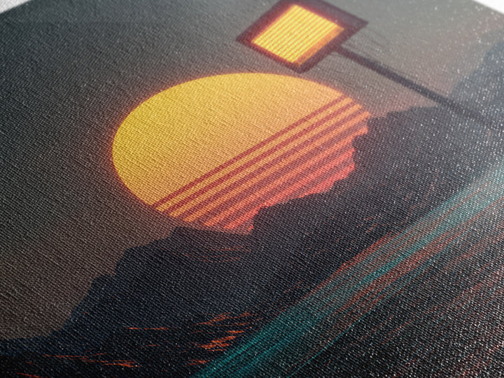 Futuristic Neon Sun Over Sci Fi Mountains Wall Art, Cyberpunk Landscape Home Decor, Retro Synthwave Canvas Print