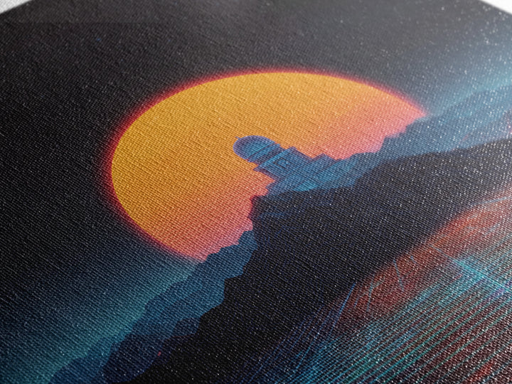 Sci Fi Observatory Sunset Landscape Wall Art, Retro Futuristic Mountains, Neon Synthwave Canvas Print Decor