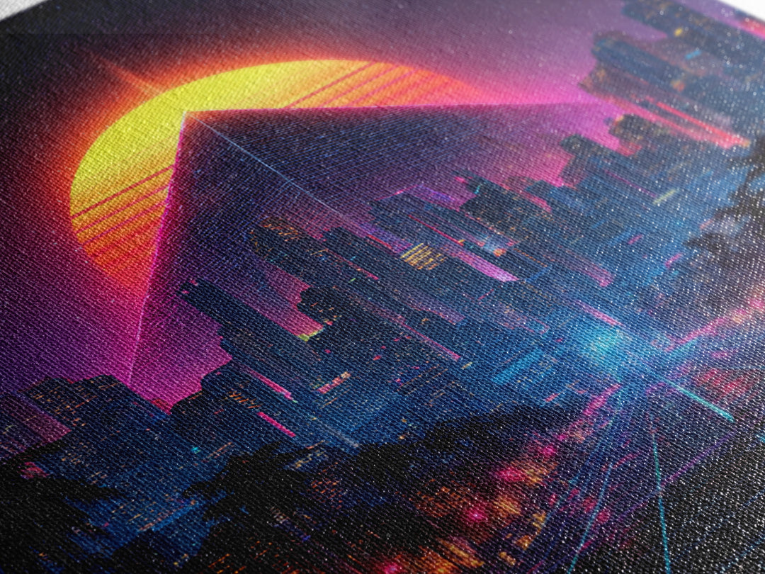 Retro Futuristic Neon City Pyramid Wall Art, Cyberpunk Sunset Canvas Print, Synthwave Gaming Room Decor, Sci Fi Art