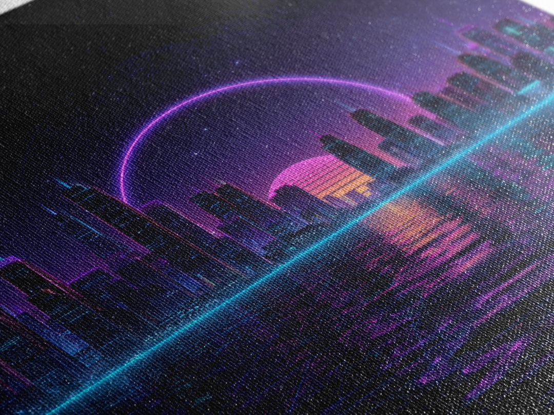 Neon City Skyline Over Water Retro Futuristic Wall Art Vaporwave Cityscape Canvas Print Gaming Room Decor