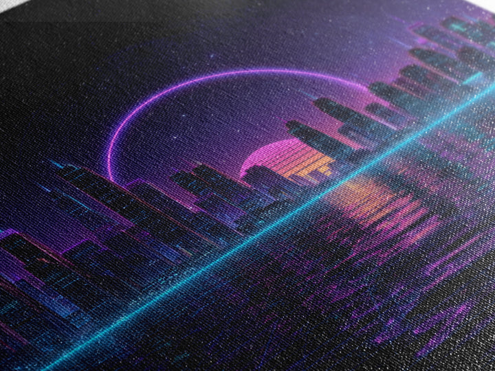 Neon City Skyline Over Water Retro Futuristic Wall Art Vaporwave Cityscape Canvas Print Gaming Room Decor