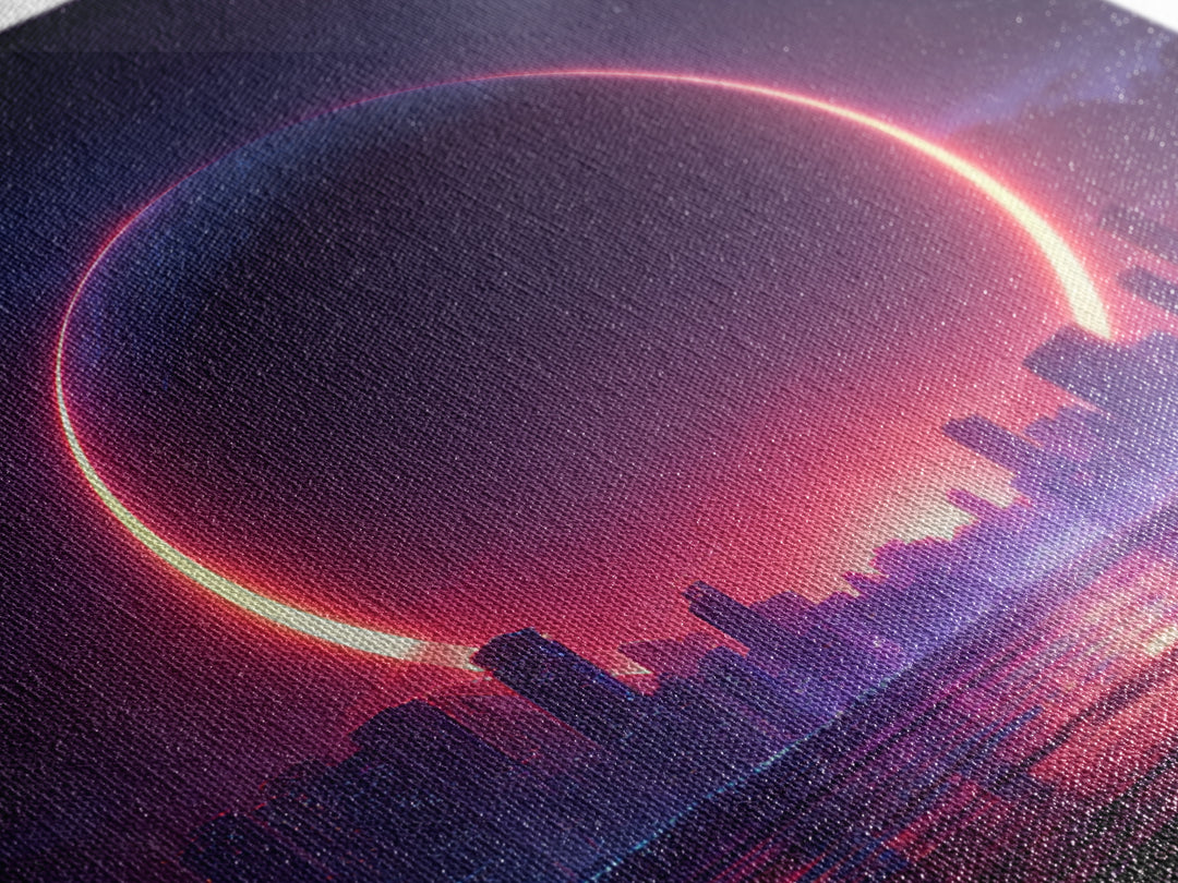 Futuristic Eclipse Cityscape Canvas Print, Neon Sci Fi Wall Art, Cyberpunk Skyline Decor For Gaming Room Or Modern Office