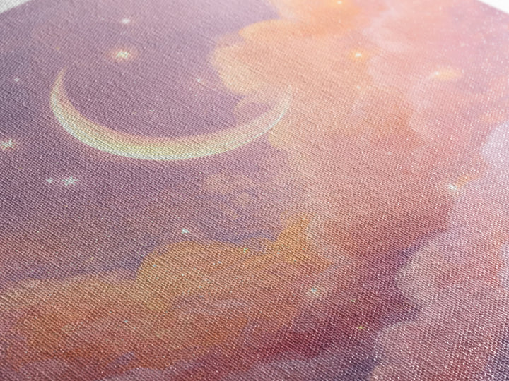 Soft Crescent Moon In Peach Clouds Canvas Print, Celestial Wall Art, Romantic Bedroom Decor, Calming Nursery Art, Cozy Wall Decor