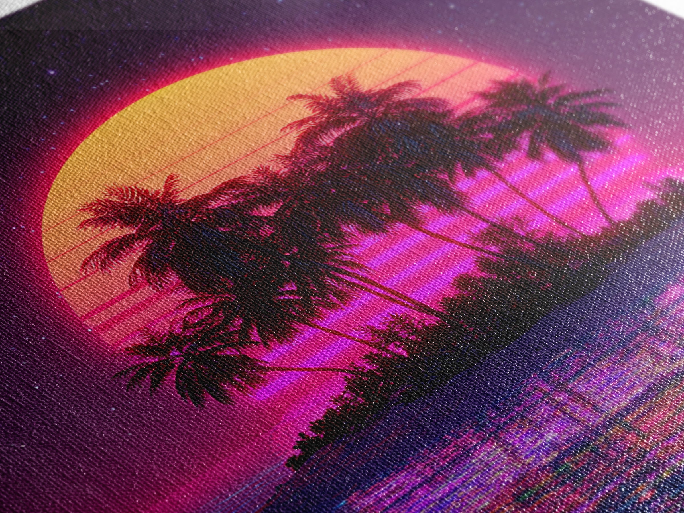 Retro Vaporwave Palm Island Wall Art, Neon Ocean Sunset Canvas Print, Aesthetic 80s Coastal Decor, Gaming Room Modern Wall Art