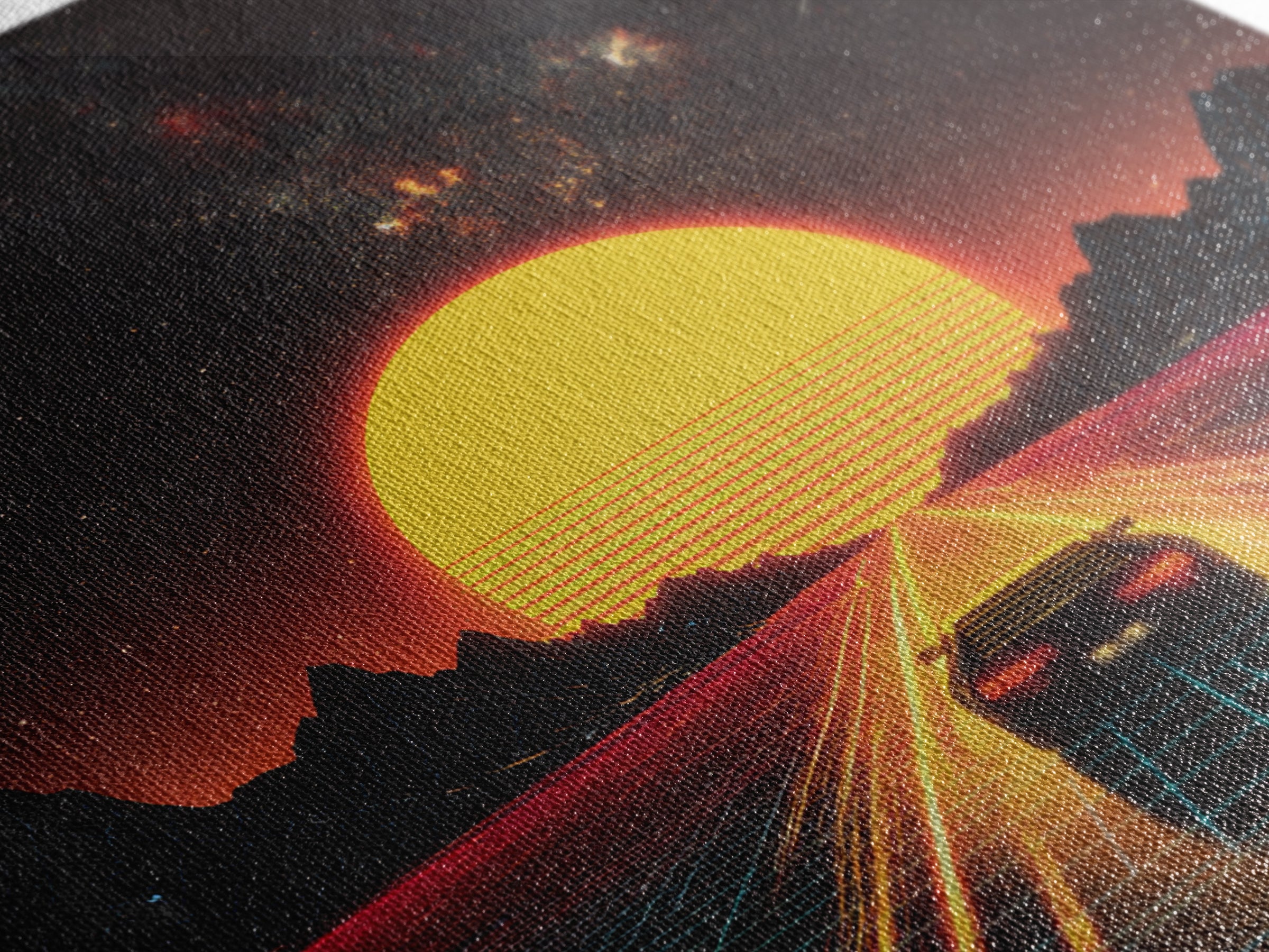 Retro Futuristic Car Road To Giant Neon Sun Wall Art, Synthwave Grid Landscape Canvas Print