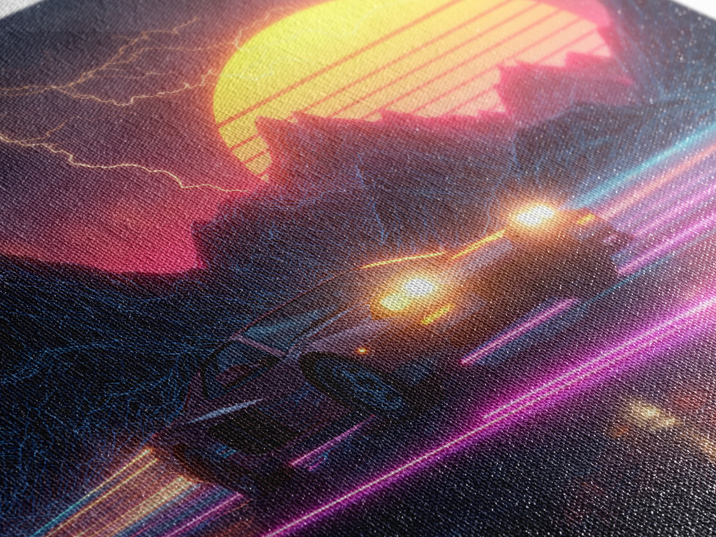 Retro Sports Car In Neon Sunset Mountains Wall Art, Cyberpunk Cityscape Canvas Print, Futuristic Gaming Room Decor