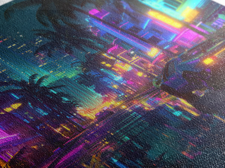 Neon Retro Futuristic City Street Wall Art, Cyberpunk Car Night Cityscape Print, Gaming Room Decor Canvas Print
