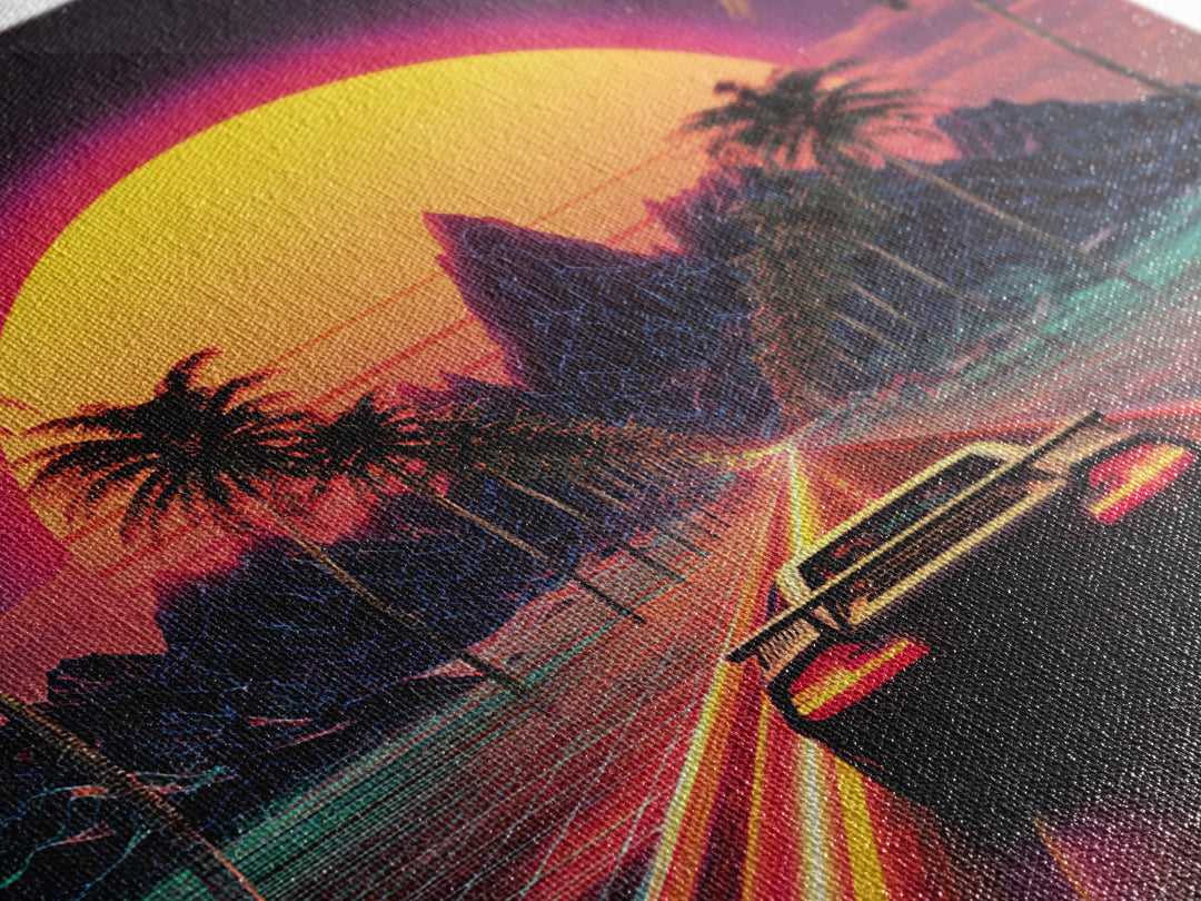 Retro Synthwave Sunset Car Wall Art Canvas Print, Neon Cityscape Art, 80s Vaporwave Decor, Gaming Room Wall Art