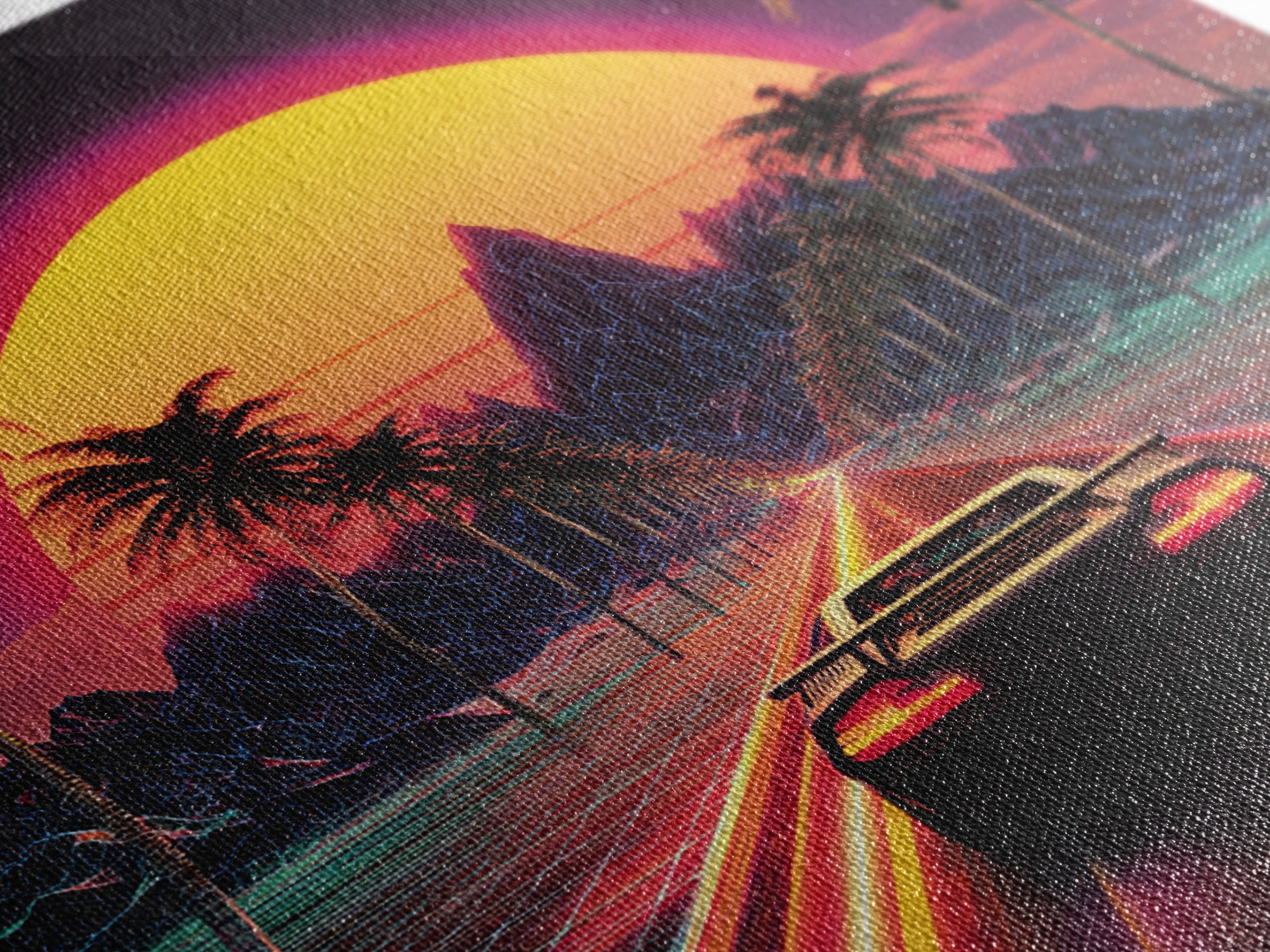 Retro Synthwave Sunset Car Wall Art Canvas Print, Neon Cityscape Art, 80s Vaporwave Decor, Gaming Room Wall Art