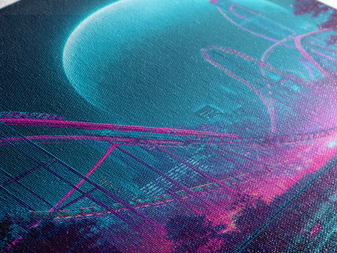 Neon Roller Coaster Under Full Moon Wall Art, Futuristic Night Amusement Park Canvas Print, Cyberpunk Gaming Decor