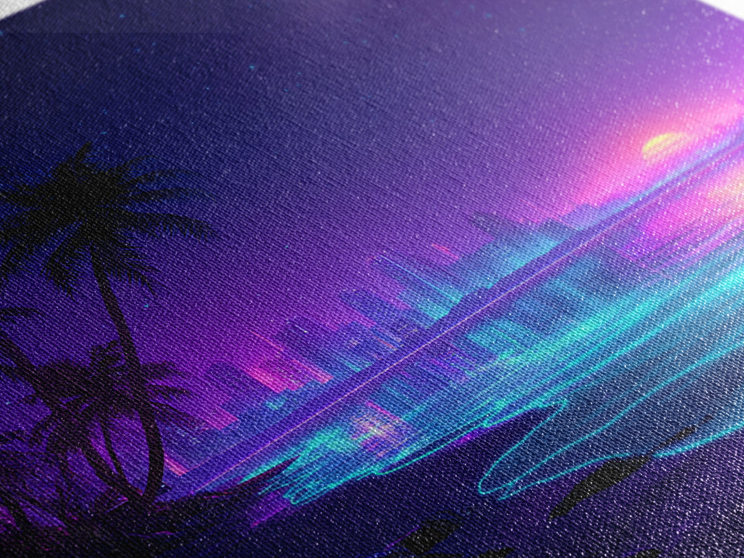 Neon City Beach Sunset Wall Art, Retro Futuristic Coastal Landscape Canvas Print, Modern Coastal Home Decor