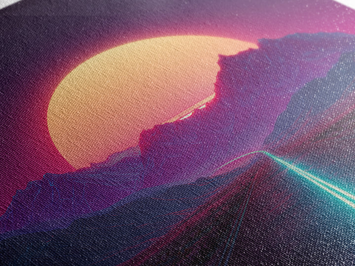 Neon Sunset Mountain Road Wall Art, Retro Futuristic Landscape Canvas Print, Cyberpunk Space Art For Gaming Room And Modern Home Decor