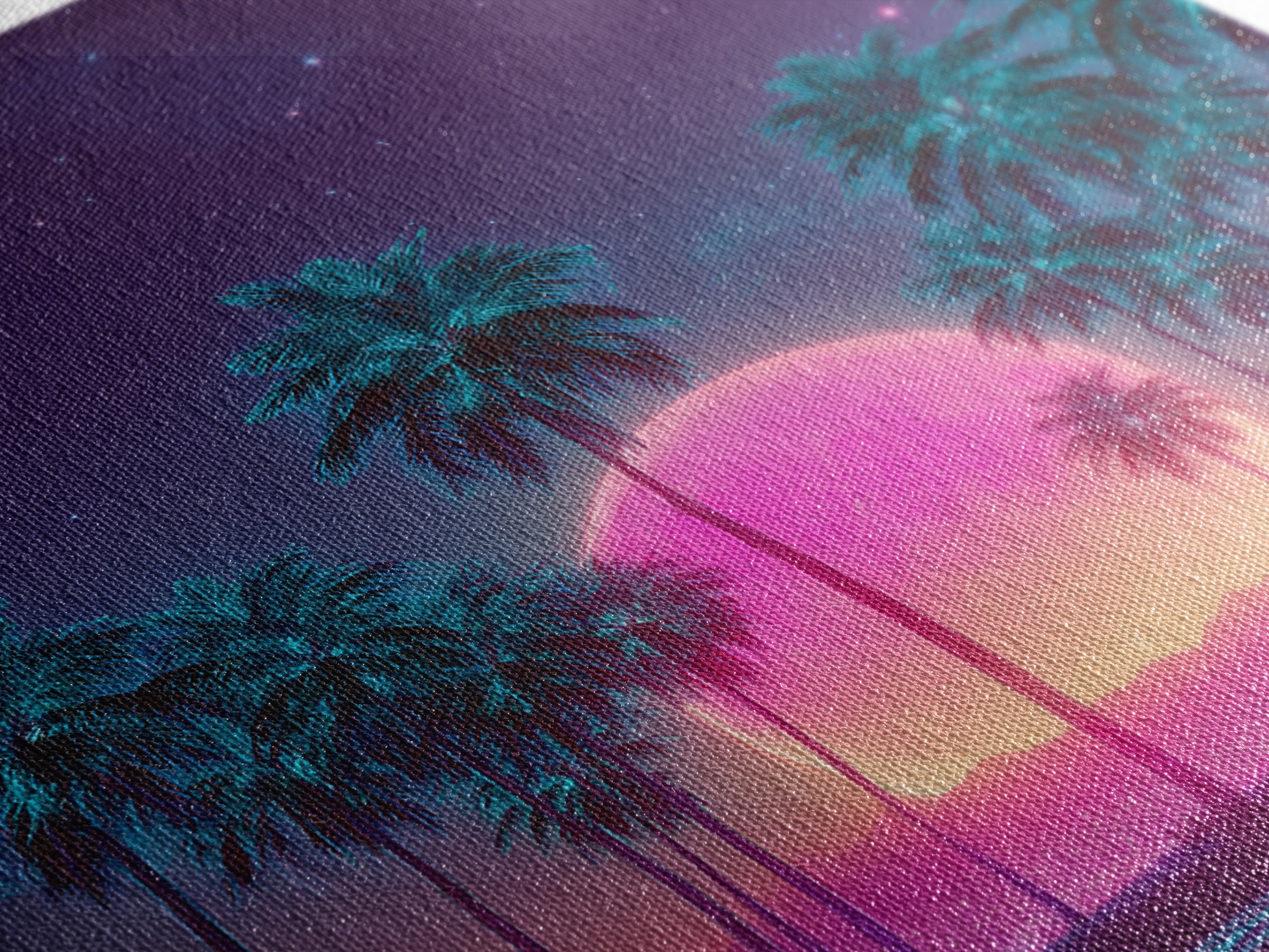Vibrant Neon Cityscape With Palm Trees And Pink Moon Night Sky Futuristic Wall Art Framed Canvas Print For Living Room