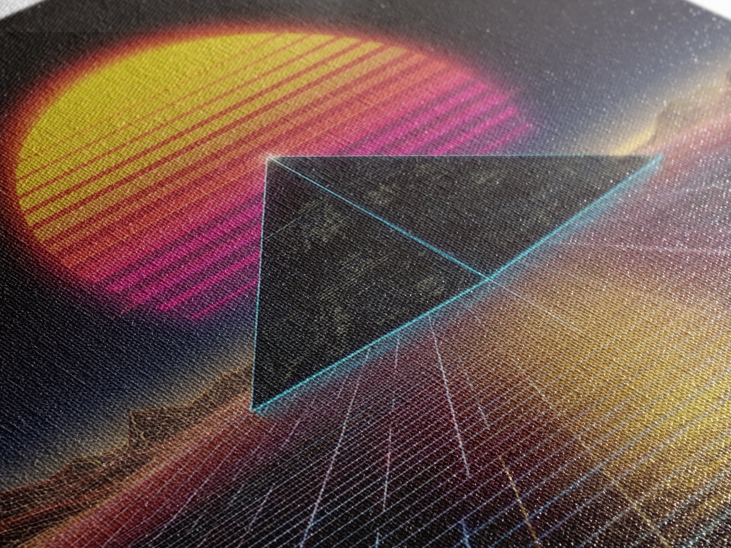 Retro Synthwave Pyramid Sunset Wall Art, Neon Grid Landscape Canvas Print, 80s Aesthetic Home Decor, Sci Fi Poster