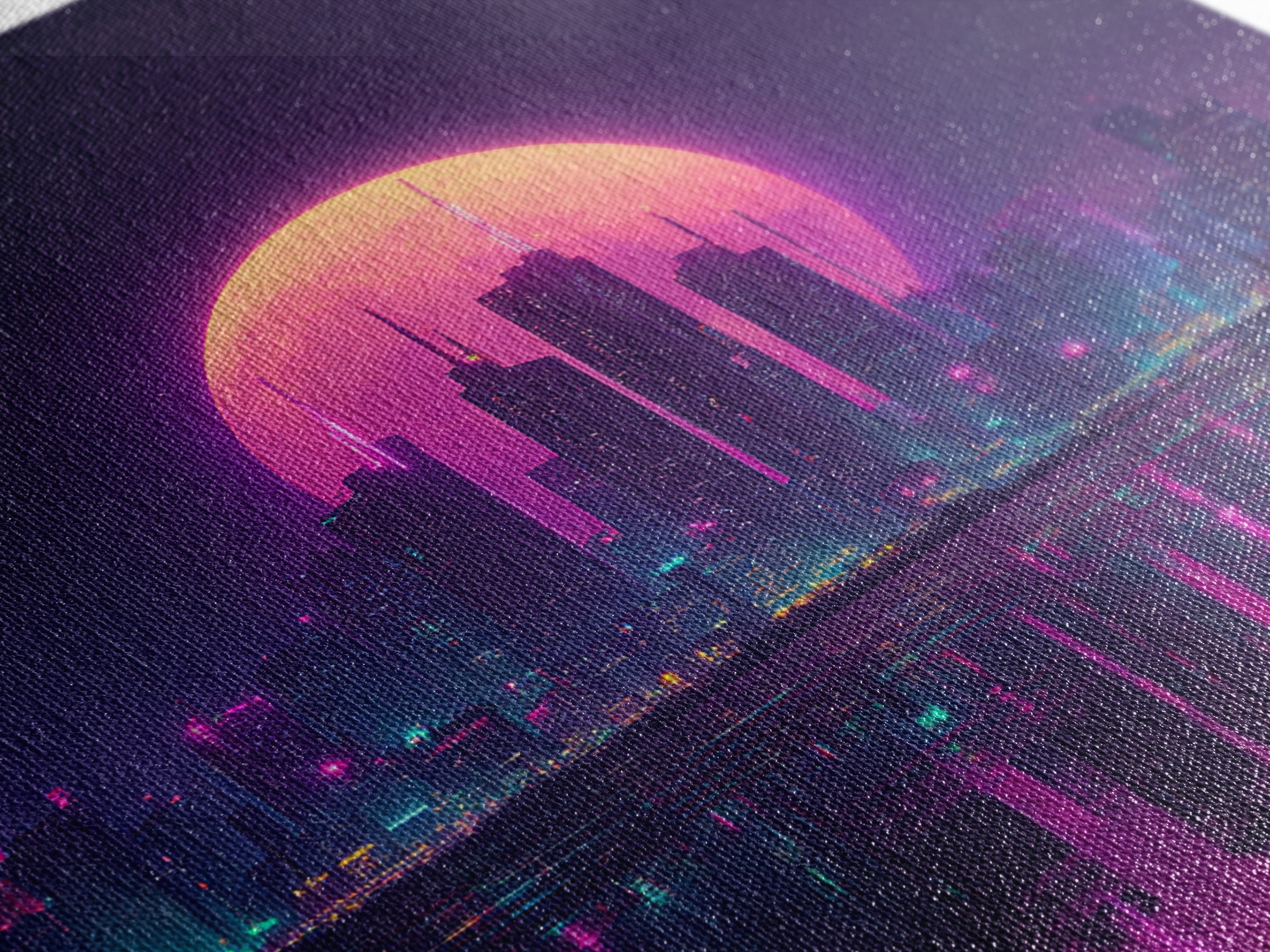 Neon Moon Over Futuristic City Skyline Wall Art, Cyberpunk Night Cityscape Print, Modern Gaming Room Canvas Print