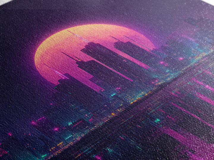 Neon Moon Over Futuristic City Skyline Wall Art, Cyberpunk Night Cityscape Print, Modern Gaming Room Canvas Print