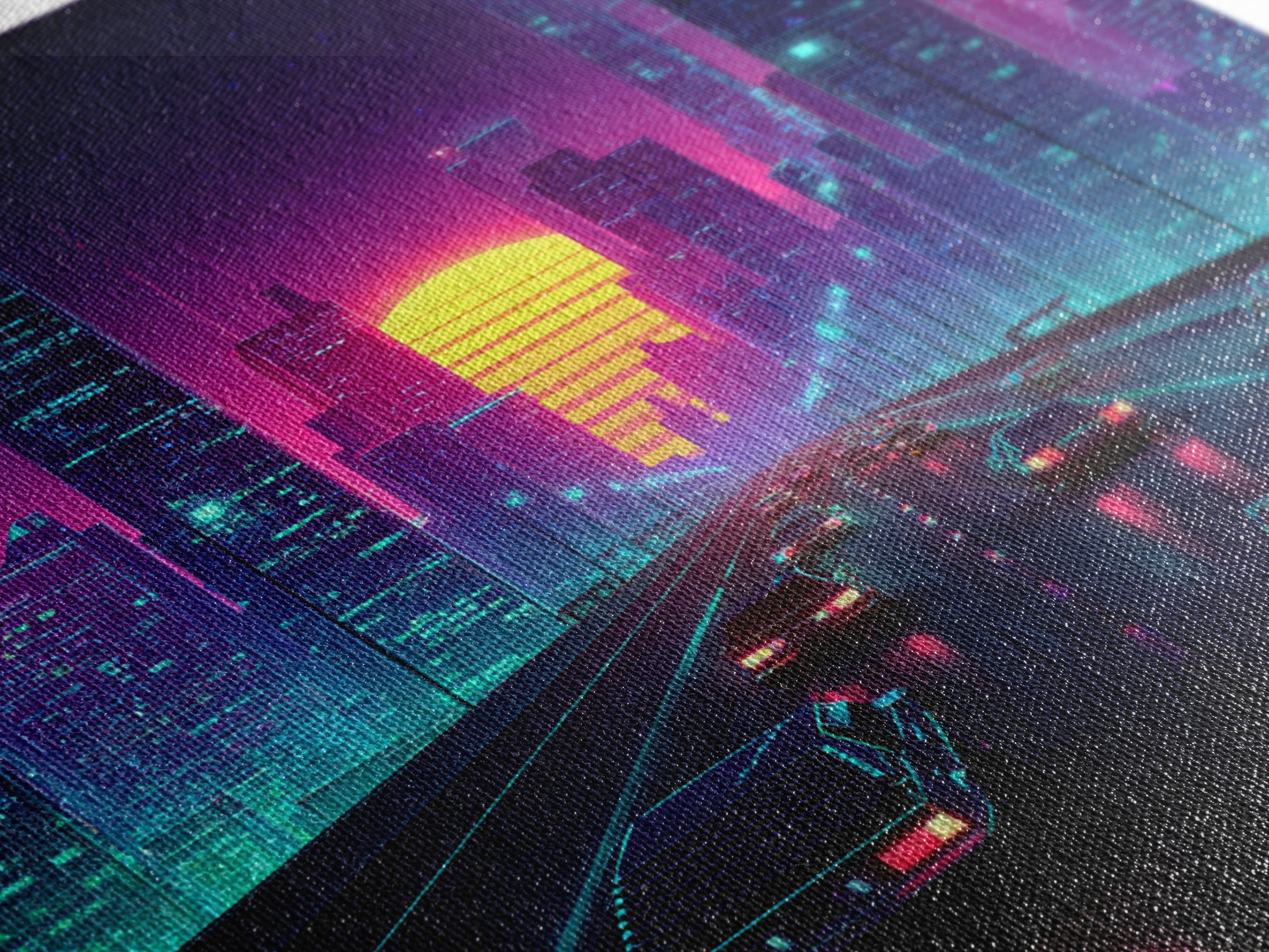 Neon Retro Highway Cityscape Wall Art, Futuristic Synthwave Sunset Canvas Print, Cyberpunk City Modern Home Decor