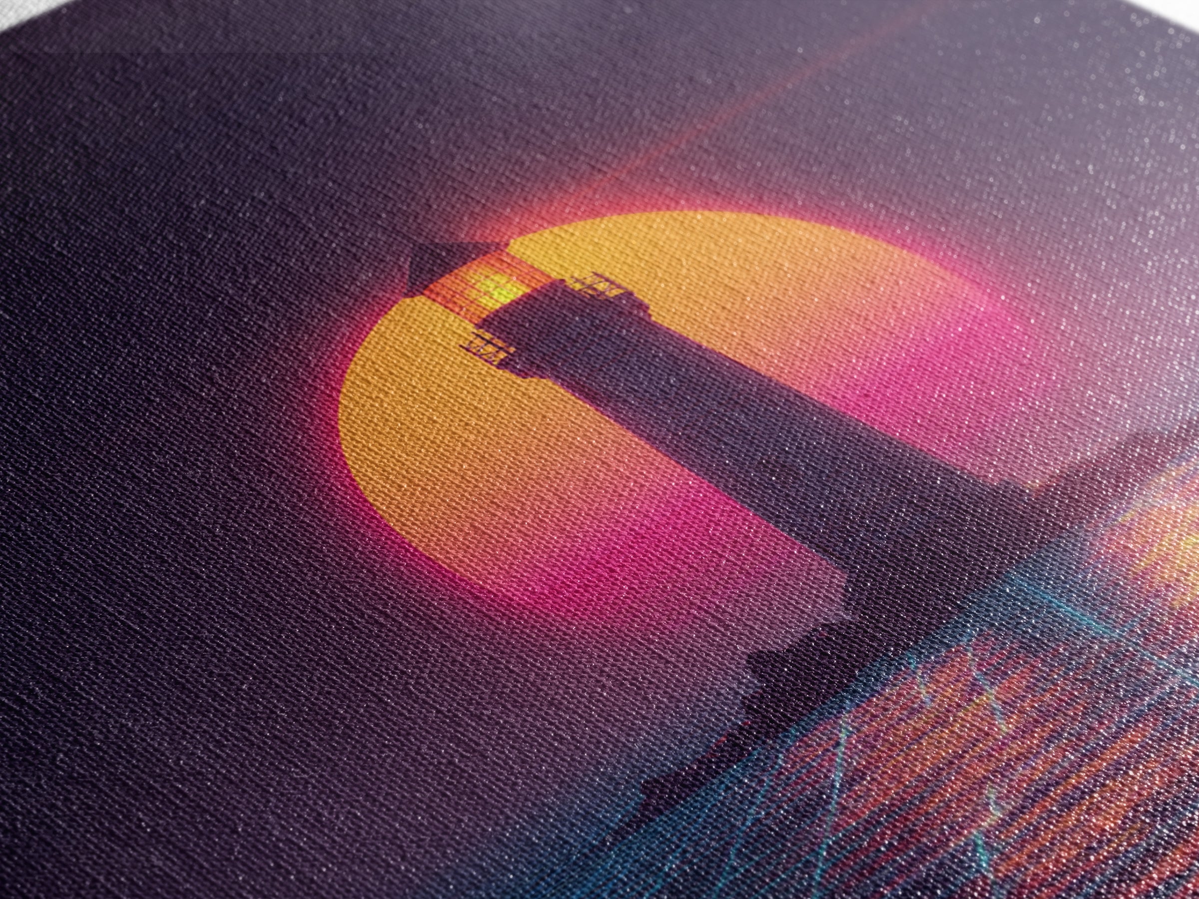 Retro Futuristic Lighthouse Neon Sunset Canvas Print, Synthwave Coastal Wall Art, Vaporwave Ocean Scene For Gaming Room Decor