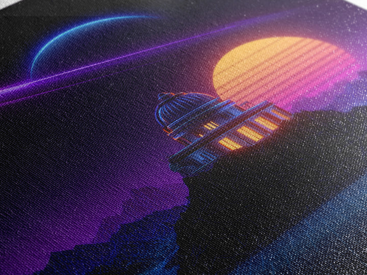 Retro Futuristic Observatory Space Landscape Wall Art, Neon Planet Sci Fi Canvas Print, Vaporwave Decor For Gaming Room