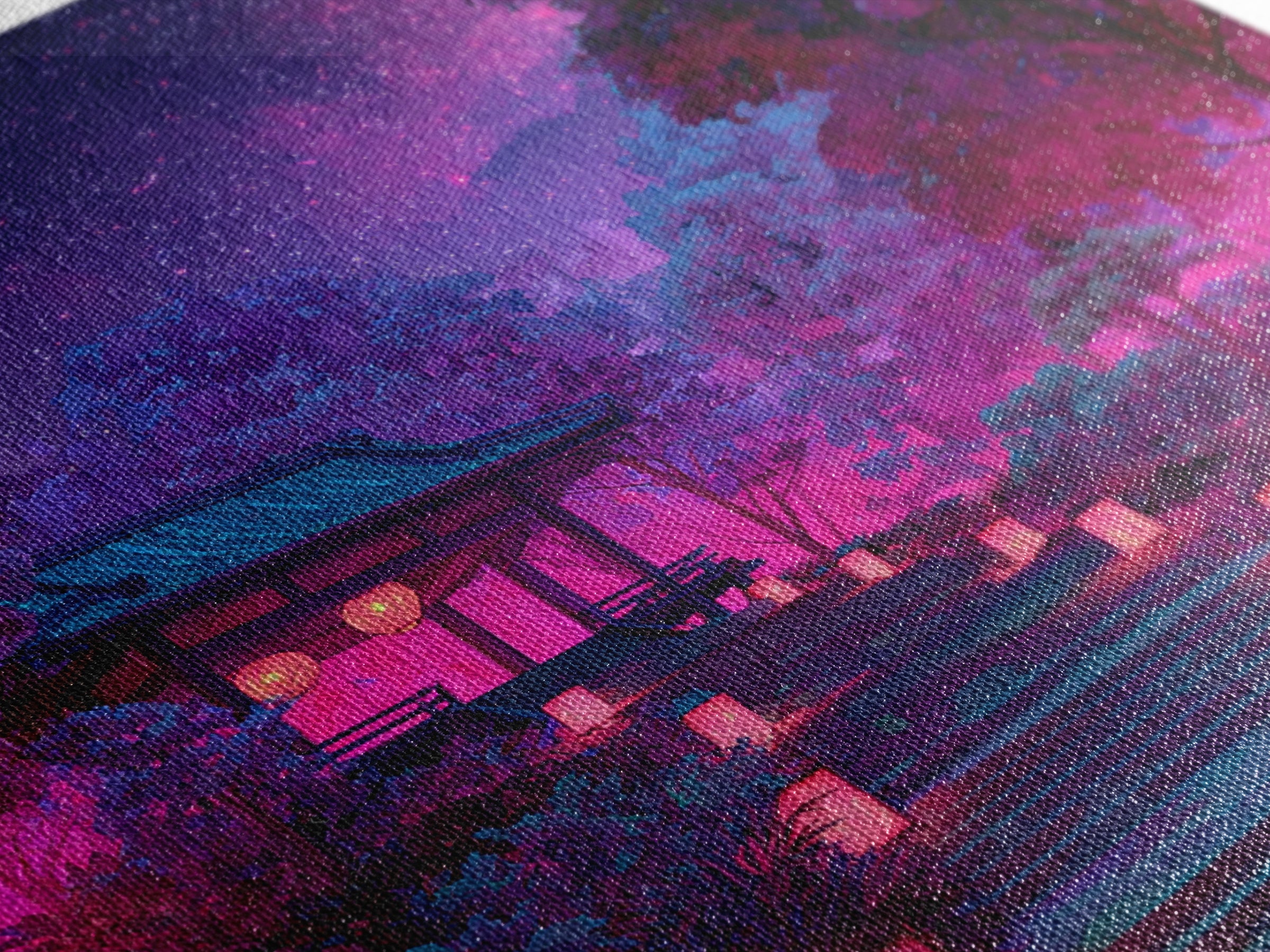 Neon Garden Lantern Path Under Starry Sky Wall Art, Dreamy Japanese Landscape Canvas Print, Aesthetic Room Decor