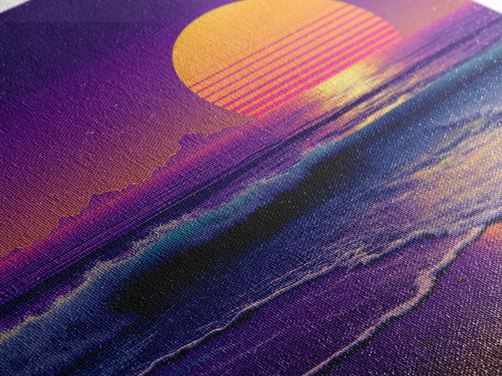 Neon Waves At Dusk Ocean Wall Art, Retro Sunset Beach Print, Vibrant Coastal Home Decor, Synthwave Seascape Living Room Wall Art
