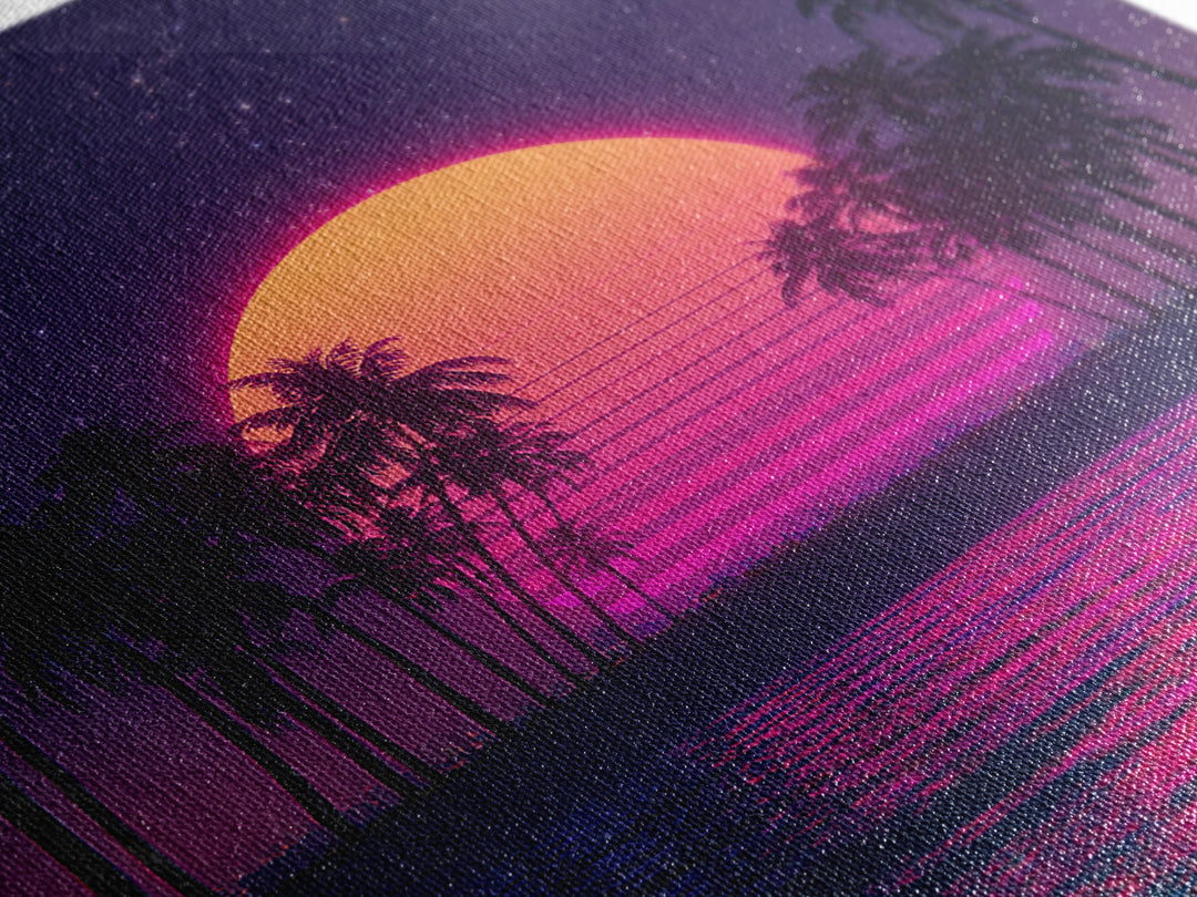 Neon Sunset Palm Tree Beach Canvas Print, Retro Wave Ocean Wall Art, Vibrant Coastal Home Decor, 80s Synthwave Bedroom Art