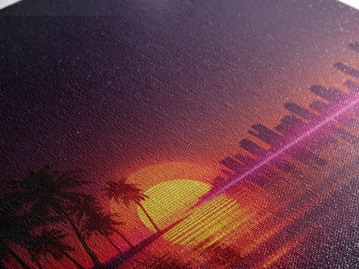 Neon City Skyline Sunset Over Water Retro Coastal Wall Art, Vibrant Nightscape Canvas Print For Modern Home Decor