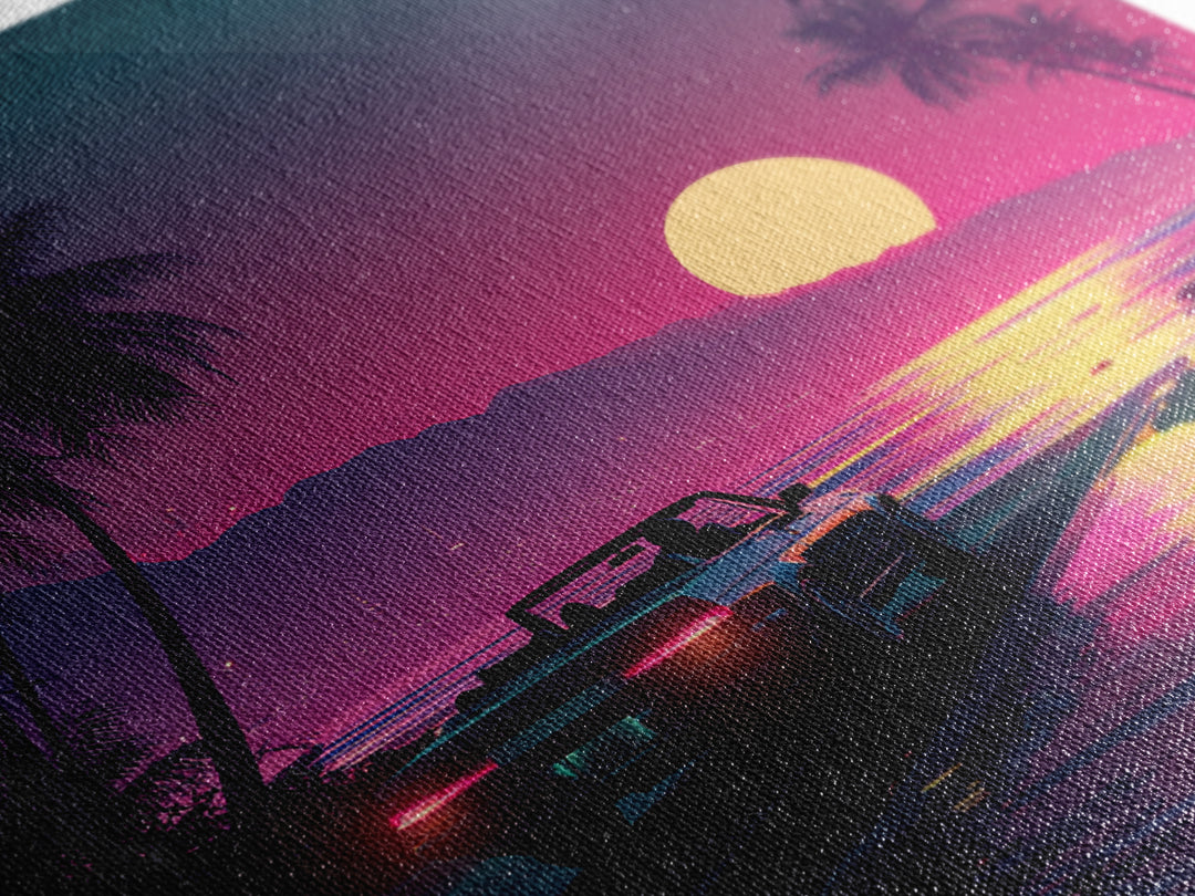 Retro Convertible Driving Into Neon Sunset Wall Art, 80s Aesthetic Beach Road Canvas Print, Vaporwave Room Decor