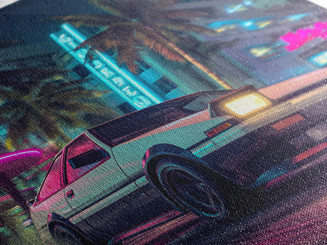 Retro Night City Car Wall Art, Neon Cyberpunk Street Canvas Print, Futuristic Cityscape Art, Gaming Room Decor Poster