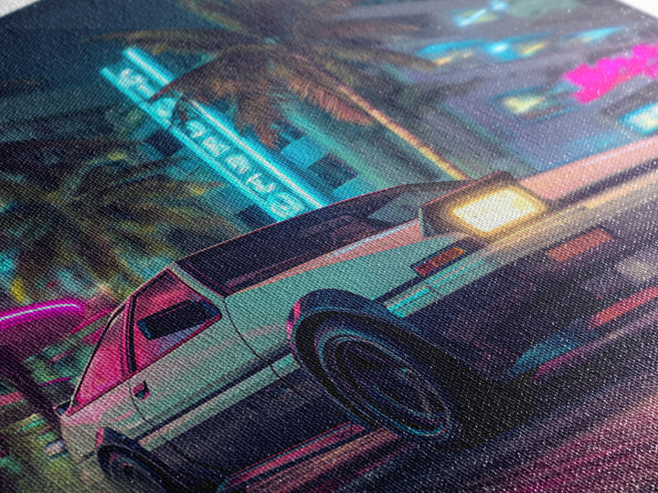 Retro Night City Car Wall Art, Neon Cyberpunk Street Canvas Print, Futuristic Cityscape Art, Gaming Room Decor Poster