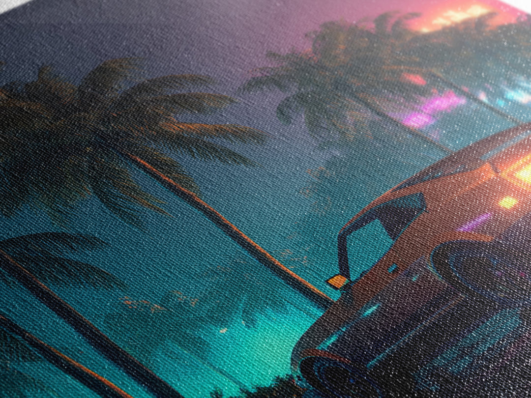 Retro Night Drive Wall Art, Neon Palm Street With Classic Car Canvas Print, Vaporwave Aesthetic Decor