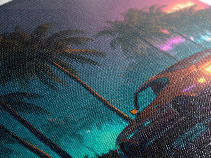 Retro Night Drive Wall Art, Neon Palm Street With Classic Car Canvas Print, Vaporwave Aesthetic Decor