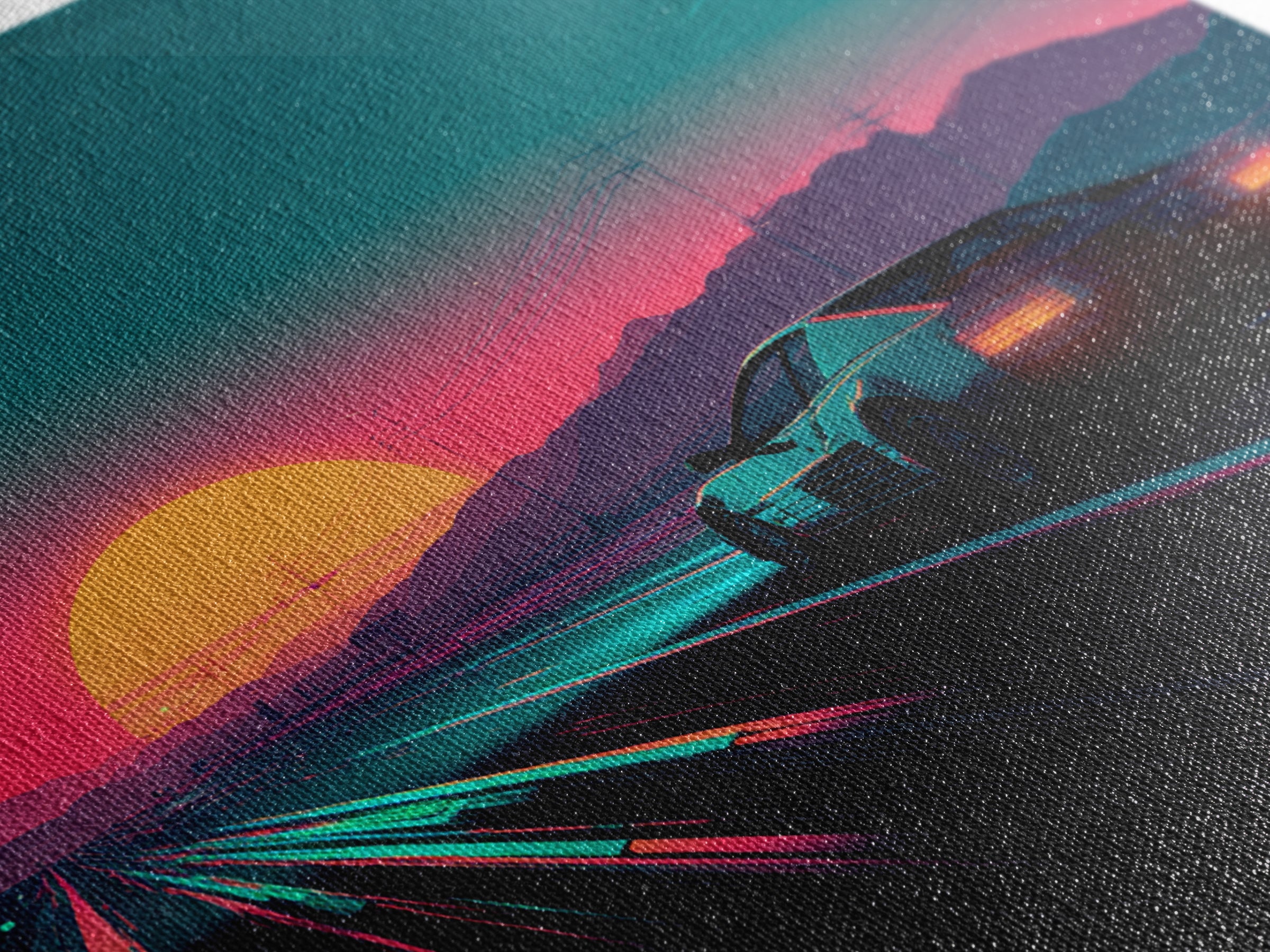 Retro Sports Car At Neon Sunset Highway Canvas Print, Vaporwave Wall Art, Cyberpunk Room Decor, Futuristic Landscape Poster