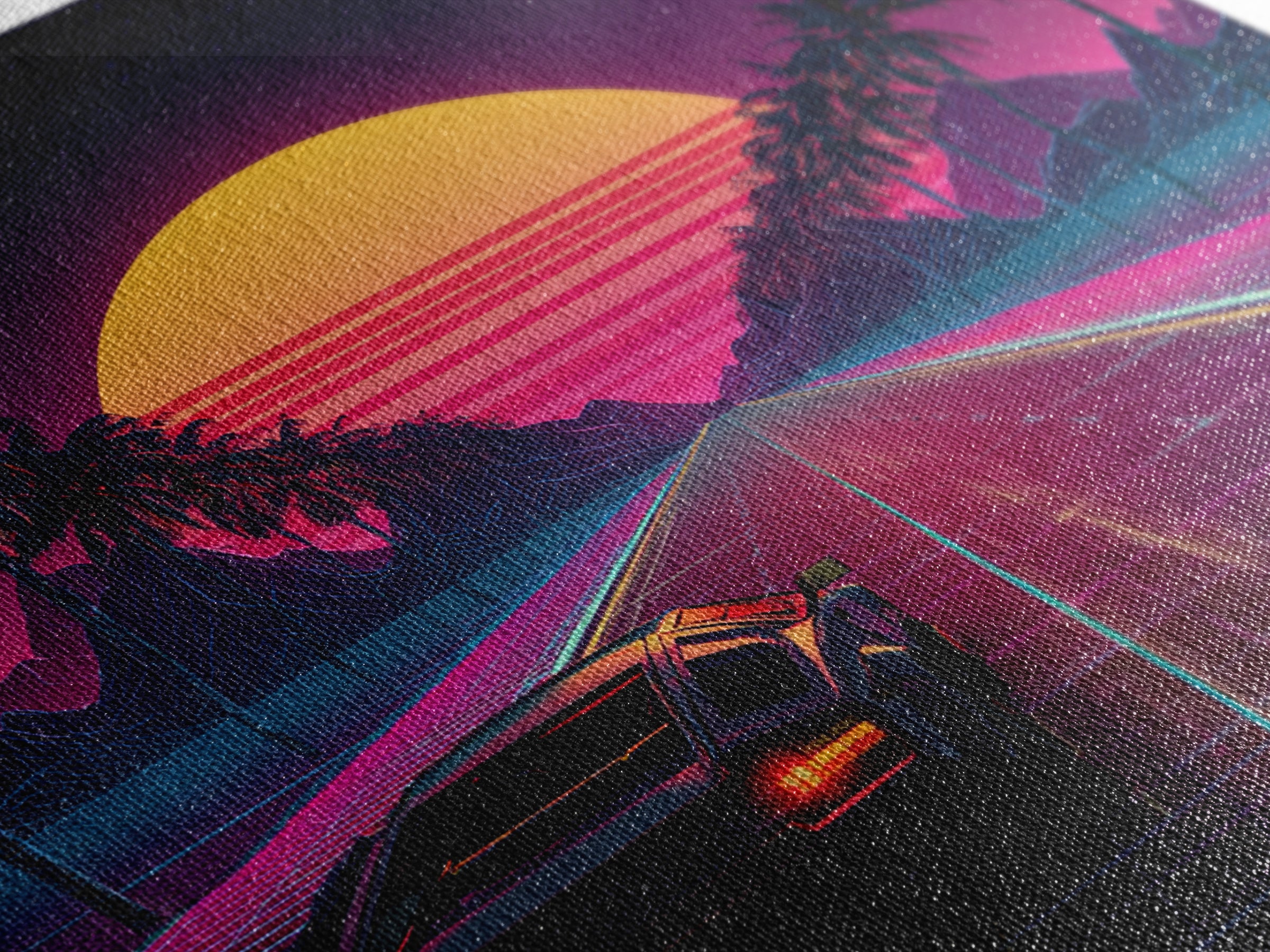 Retro Synthwave Car Driving Into Neon Sunset Wall Art, 80s Vaporwave Palm Road Aesthetic Canvas Print
