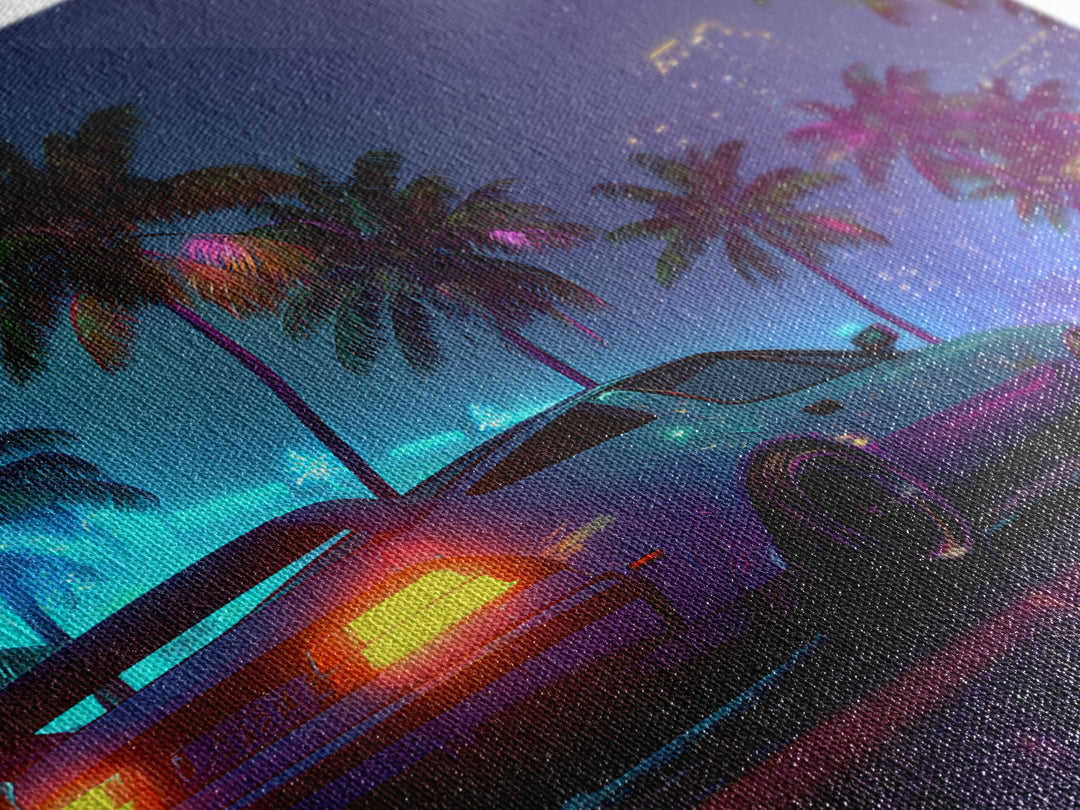 Neon Sports Car Palm Tree Night Wall Art, Retro Coastal City Canvas Print, Cyberpunk Beach Aesthetic Room Decor