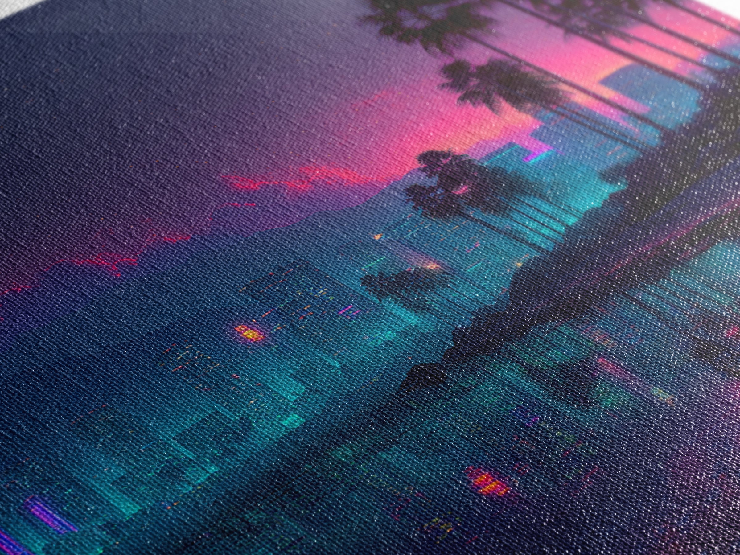 Neon City Beach Sunset Canvas Print, Retro Futuristic Coastal Wall Art, Vaporwave Room Decor Modern Living Room Wall Art
