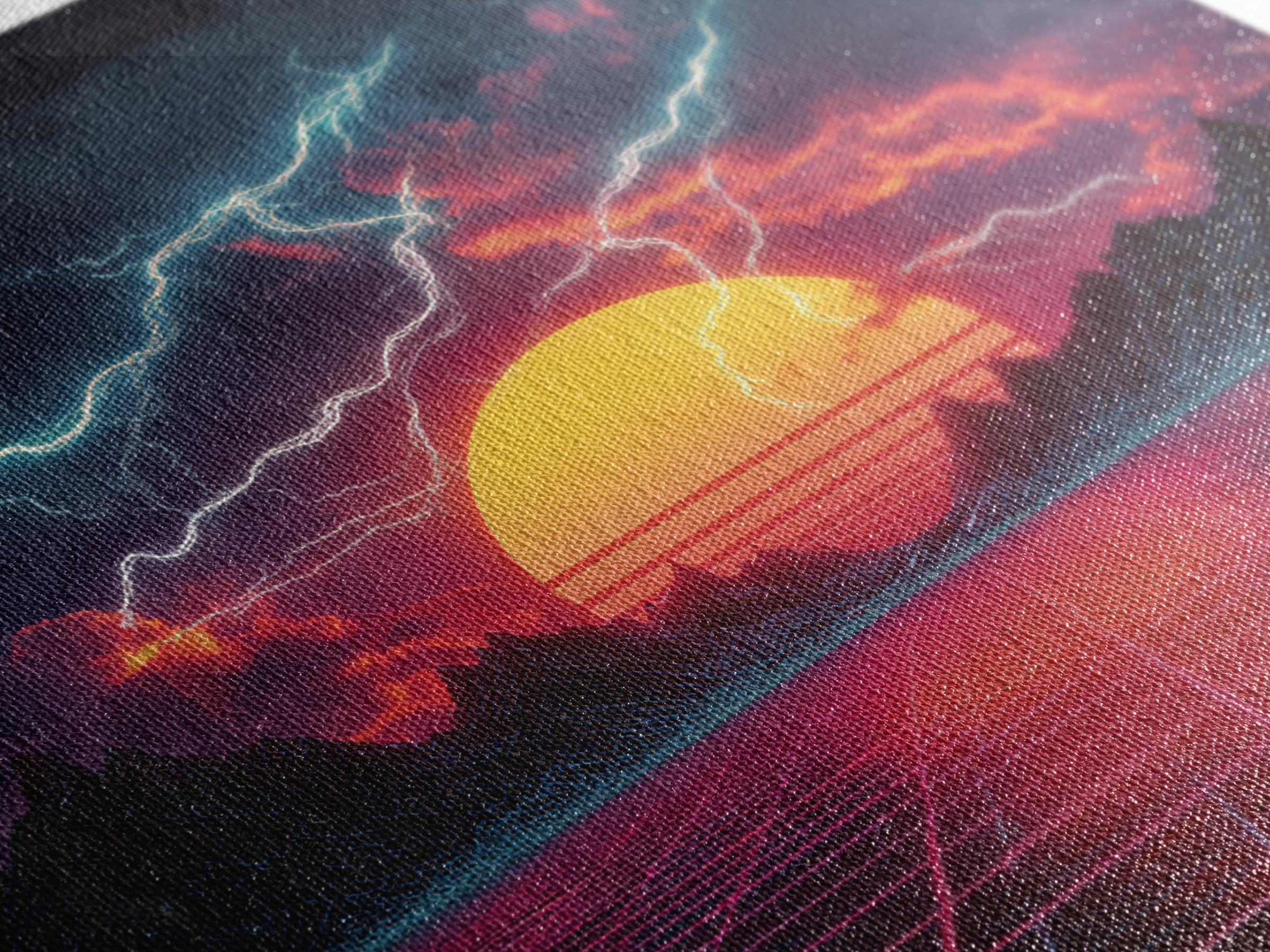 Retro Futuristic Sunset Lightning Landscape Wall Art Neon Grid Sci Fi Canvas Print Gaming Room Decor