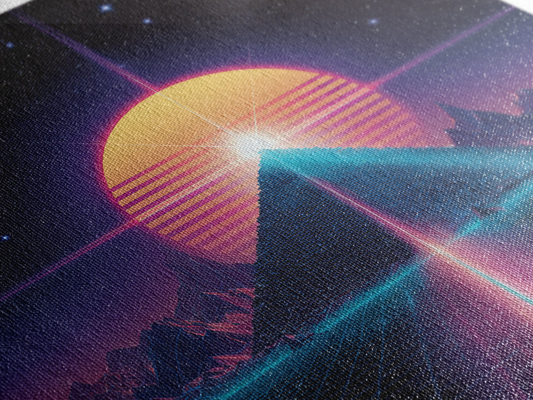 Retro Synthwave Pyramid And Sun Wall Art, Neon 80s Sci Fi Landscape, Vaporwave Gaming Room Decor, Framed Canvas Print