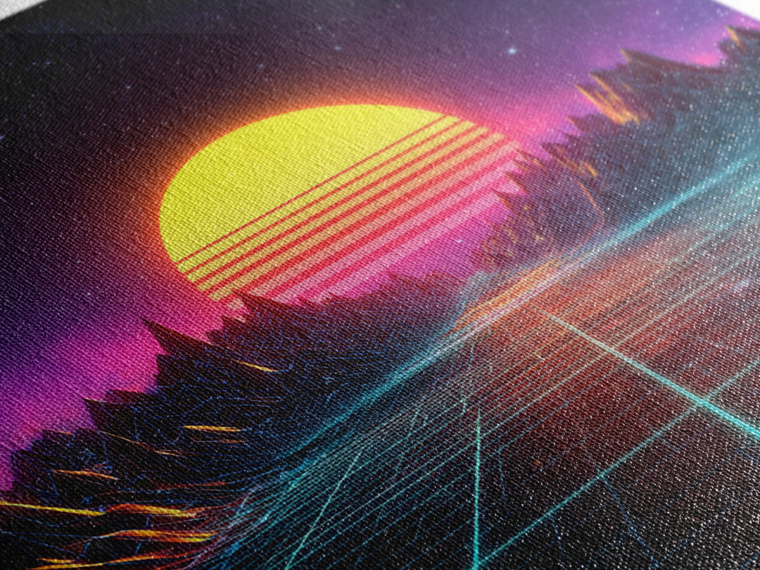 Retro Synthwave Sunset Landscape Canvas Print, Neon Cyberpunk Mountain Road Art, Gaming Room Decor Modern Wall Art